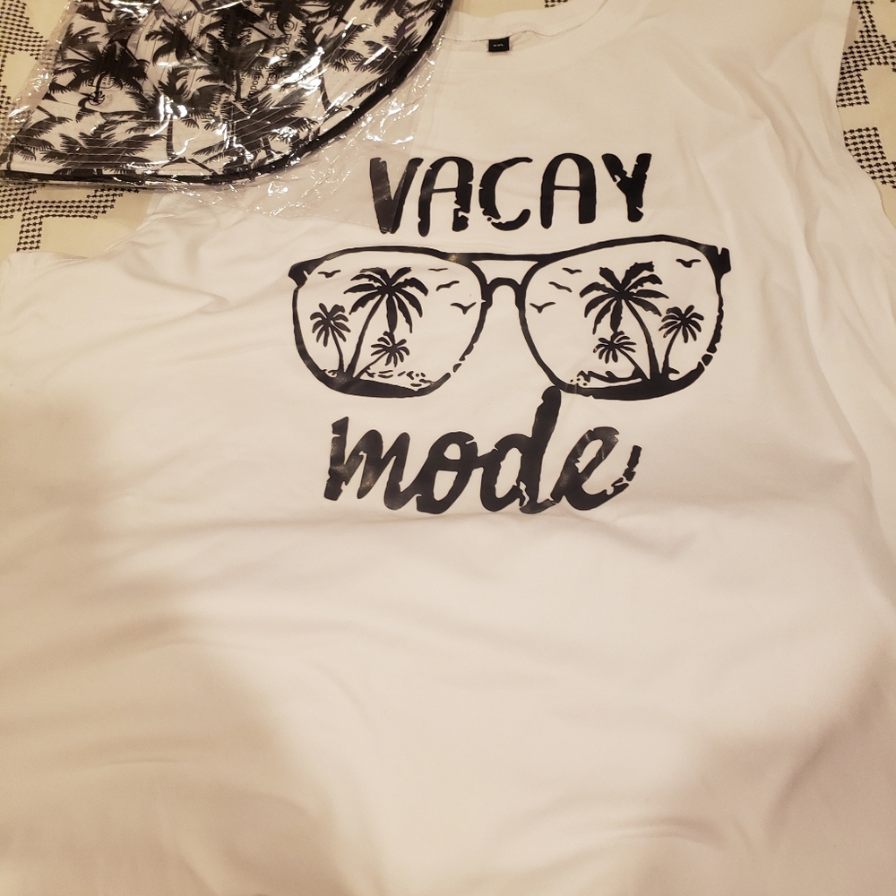 3pcs Set. White 'Vacay Mode' Tank Top with Palm Tree Print Shorts plus Hat